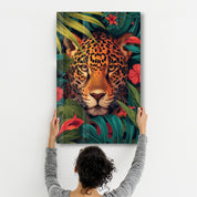 Leopard and Tropical Flowers - Glass Wall Art