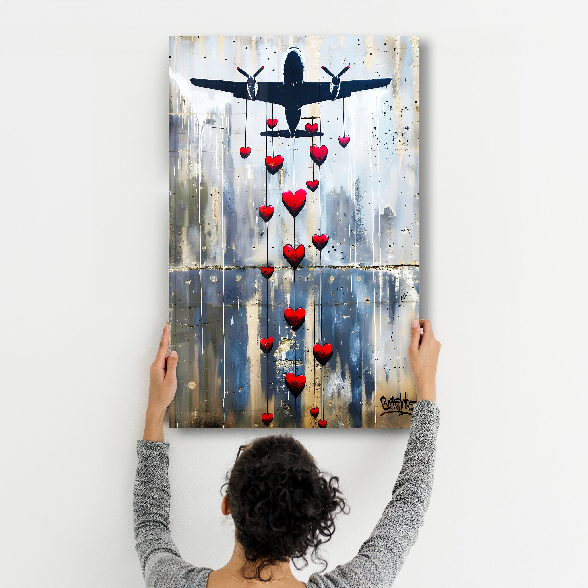 Love Bombing Banksy Style - Glass Wall Art - Artdesigna