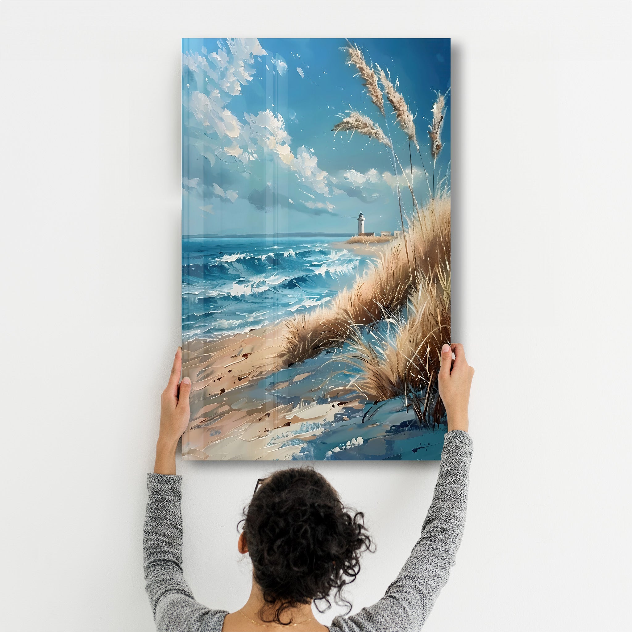 Lighthouse and Beach Oil Painting - Glass Wall Art