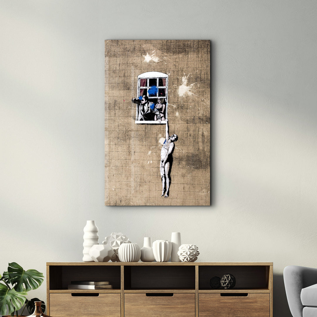 ・"Banksy - Man hanging from a window"・Glass Wall Art - ArtDesigna Glass Printing Wall Art