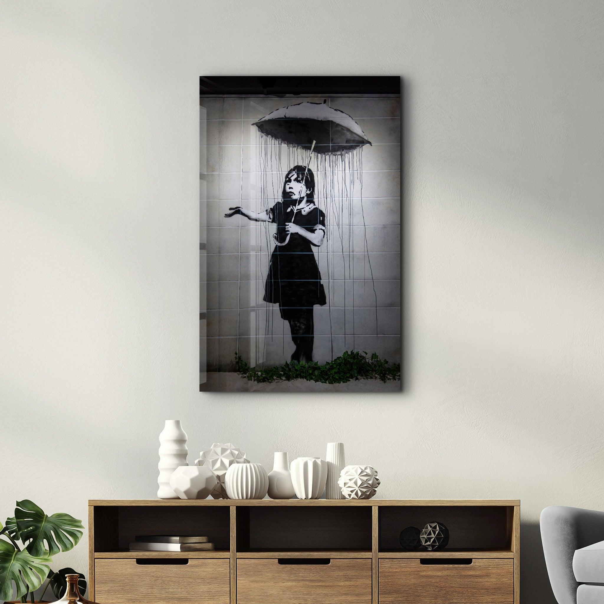 Banksy - Girl with an umbrella | Glass Wall Art - ArtDesigna Glass Printing Wall Art