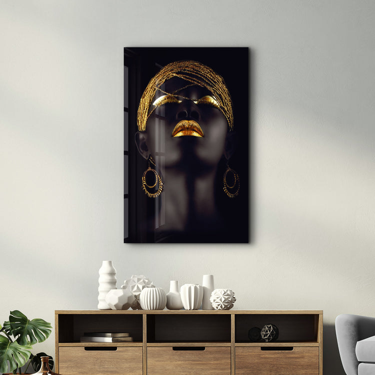 ・"Golden Lips Woman Portrait V2"・Glass Wall Art - ArtDesigna Glass Printing Wall Art