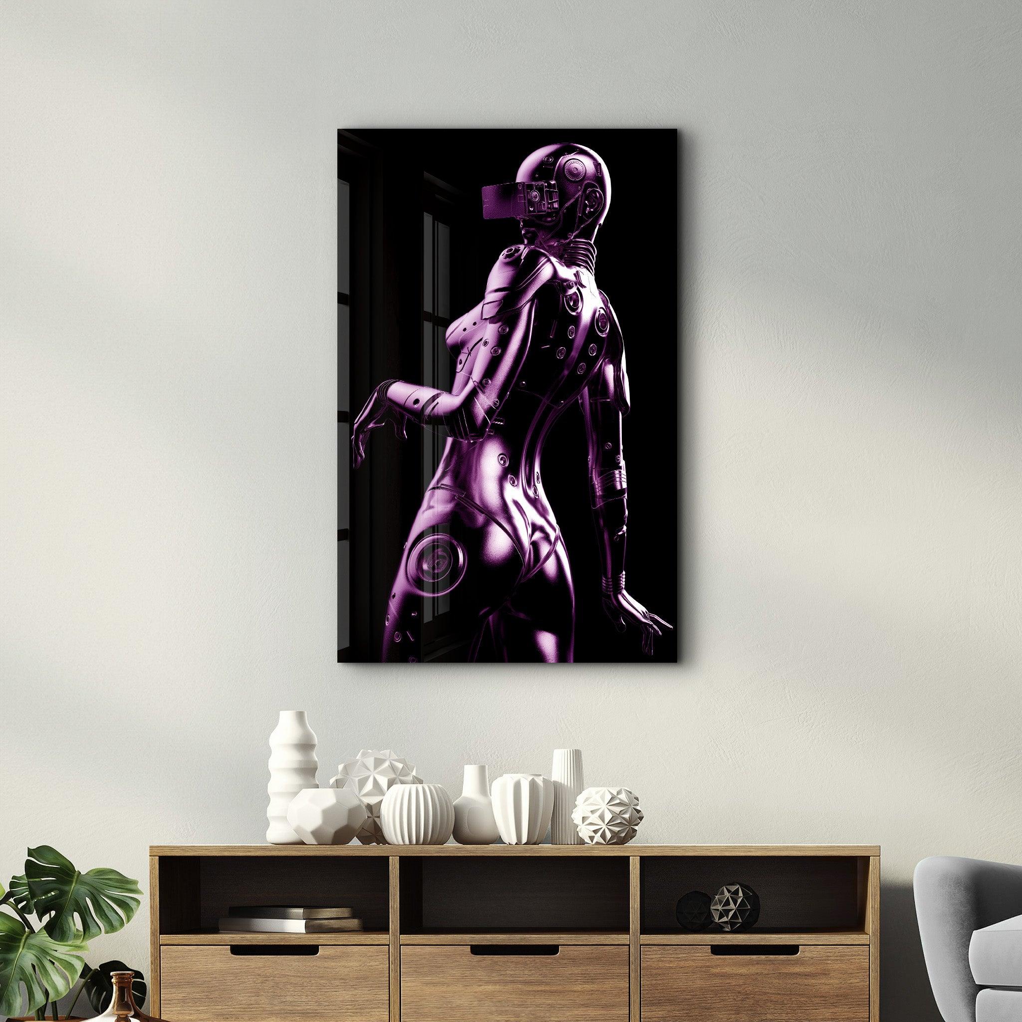 Steel Robot Girl in Purple | Designer's Collection Glass Wall Art - ArtDesigna Glass Printing Wall Art