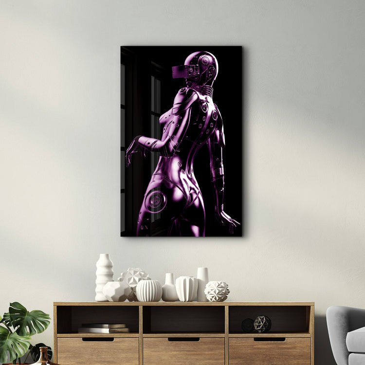 ・"Steel Robot Girl in Purple"・Designer's Collection Glass Wall Art - ArtDesigna Glass Printing Wall Art