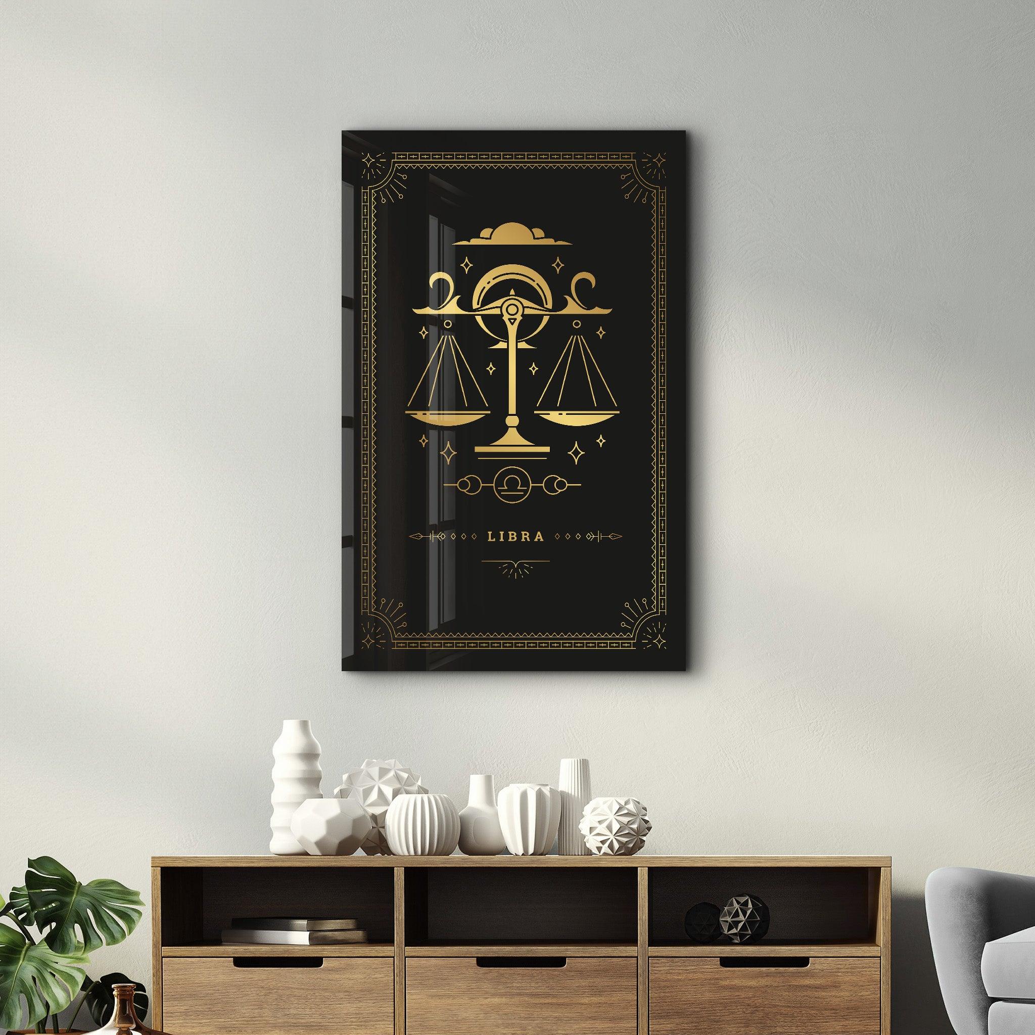 LIBRA | Black Zodiac Collection Glass Wall Art - Artdesigna