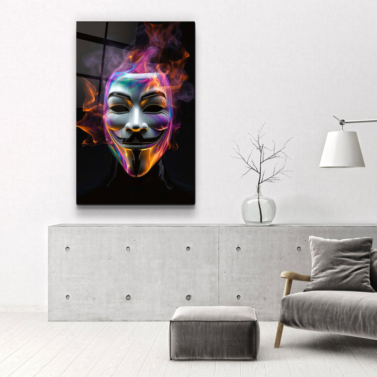 ."Salvador Mask with Neon Smokes". Designers Collection Glass Wall Art - ArtDesigna Glass Printing Wall Art