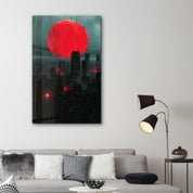Red Moon over the City - Designers Collection Glass Wall Art - ArtDesigna Glass Printing Wall Art
