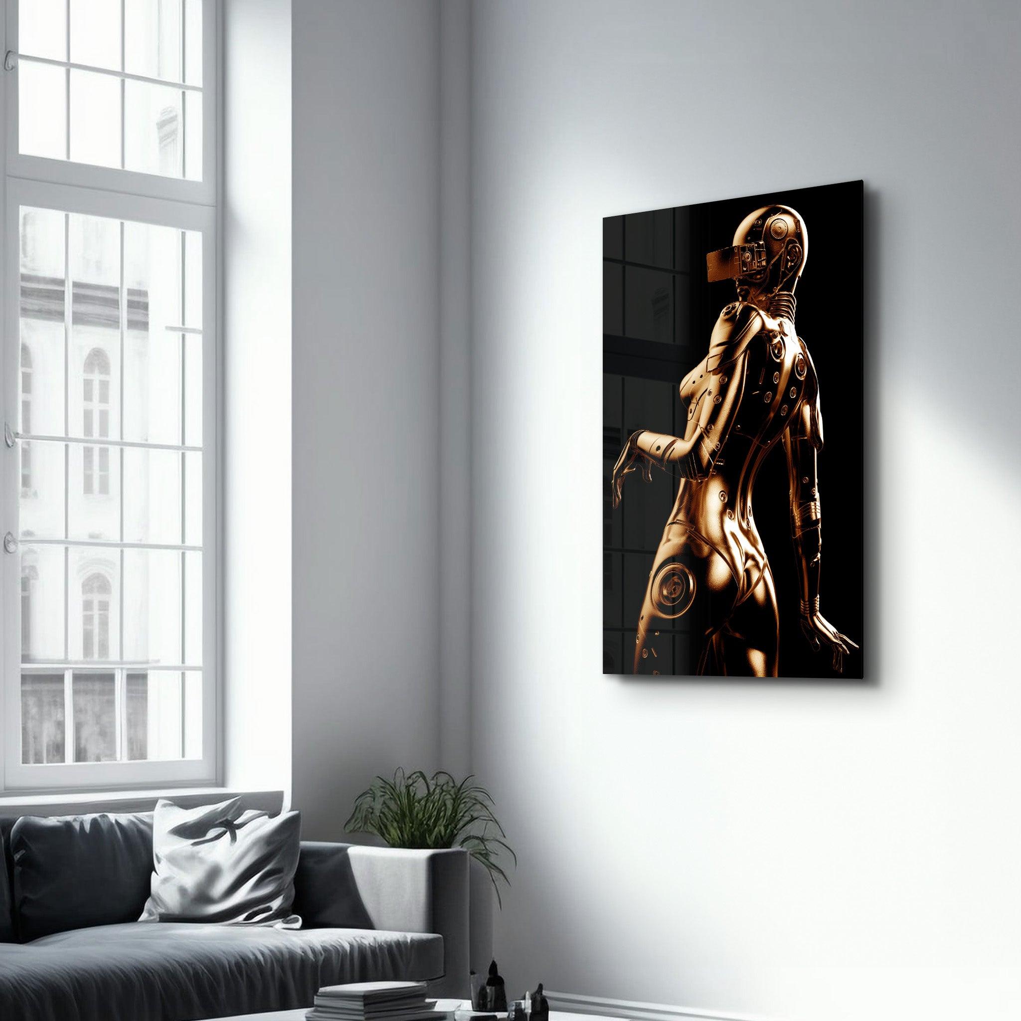 Robo Girl Gold | Designer's Collection Glass Wall Art - ArtDesigna Glass Printing Wall Art