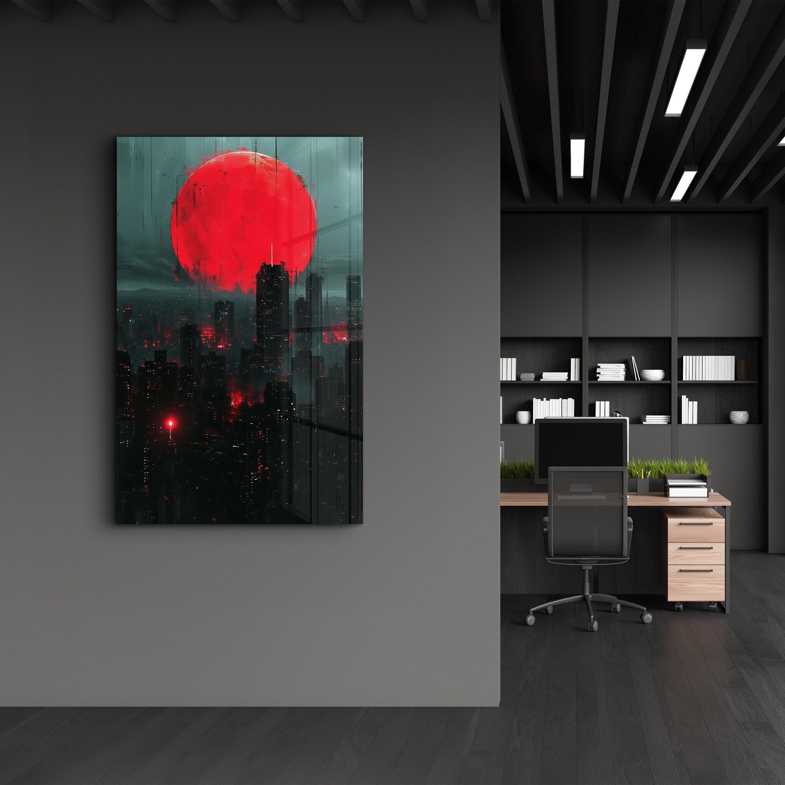 Red Moon over the City - Designers Collection Glass Wall Art - ArtDesigna Glass Printing Wall Art