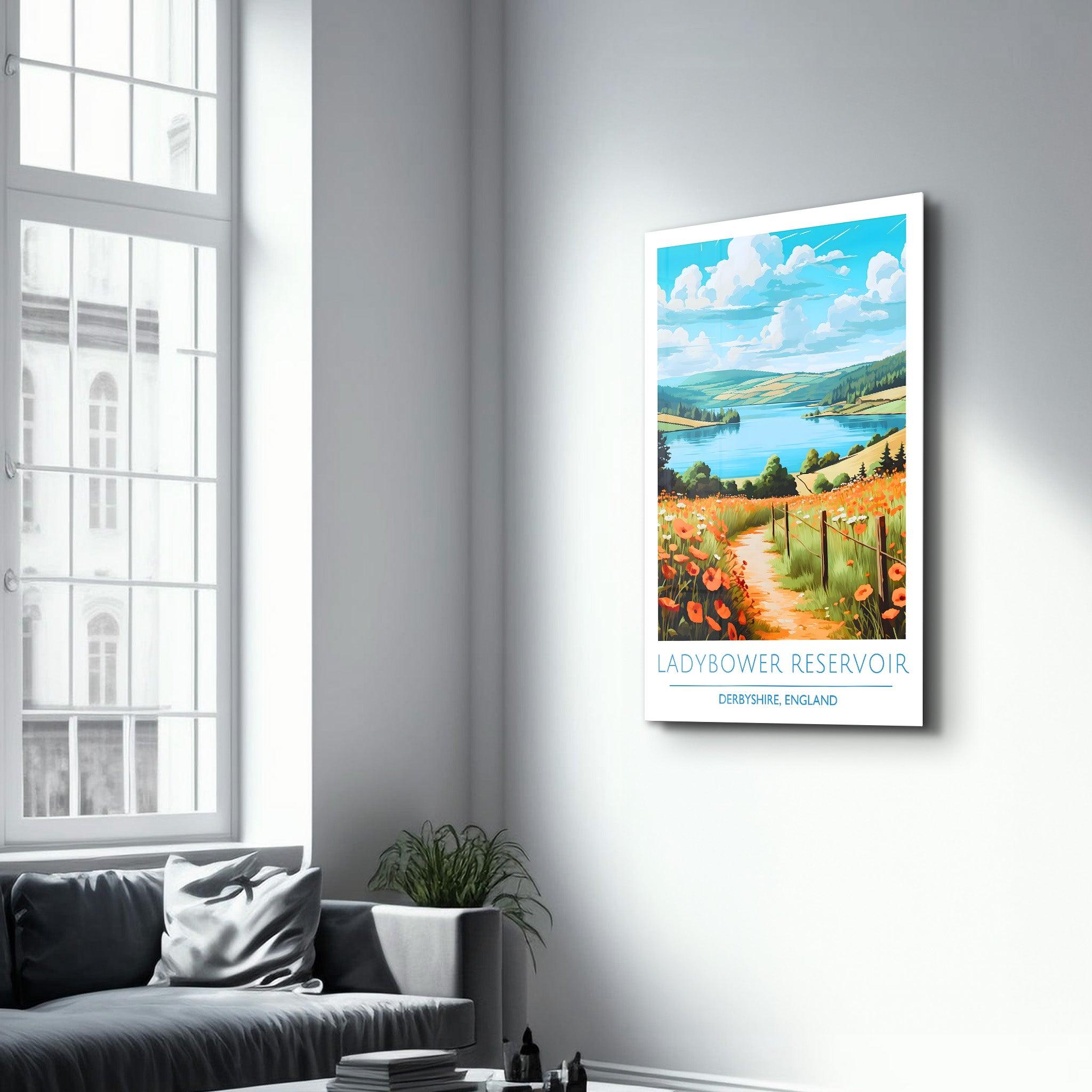 Ladybower Reservoir-Derbyshire England-Travel Posters | Glass Wall Art - ArtDesigna Glass Printing Wall Art