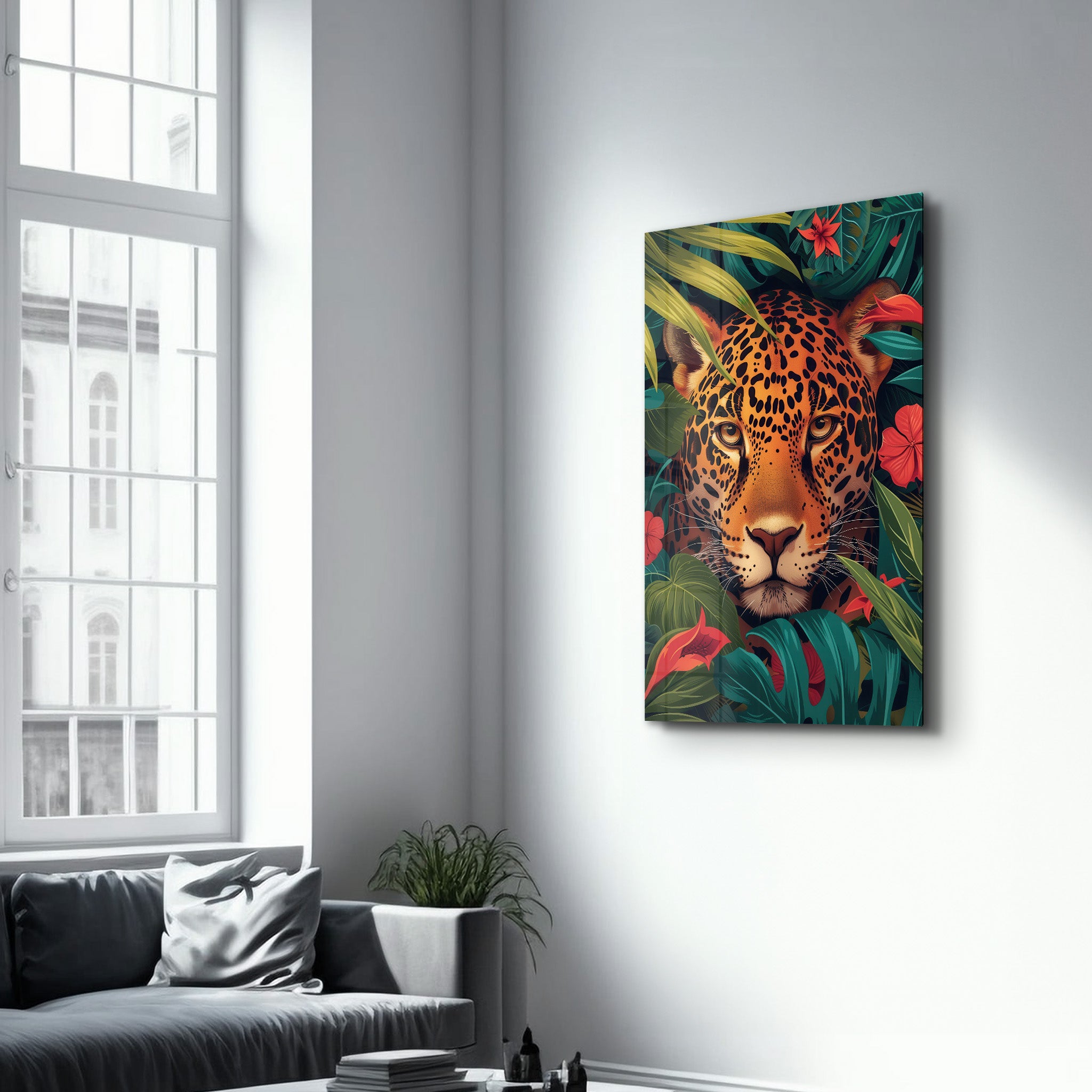 Leopard and Tropical Flowers - Glass Wall Art