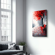 Red Bench Beneath The Tree | Glass Wall Art