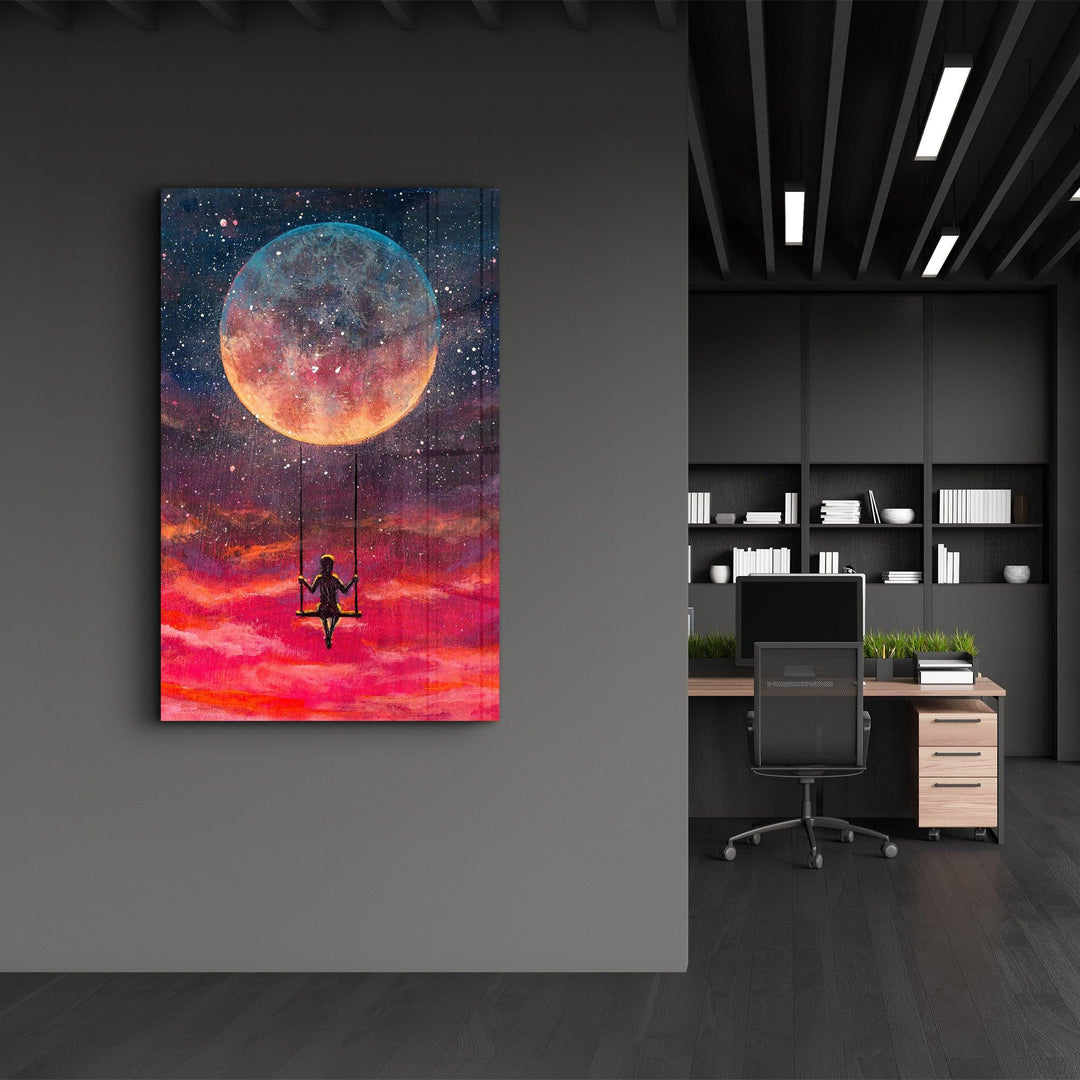 Girl Swinging Under The Moon | Glass Wall Art – ArtDesigna Glass ...