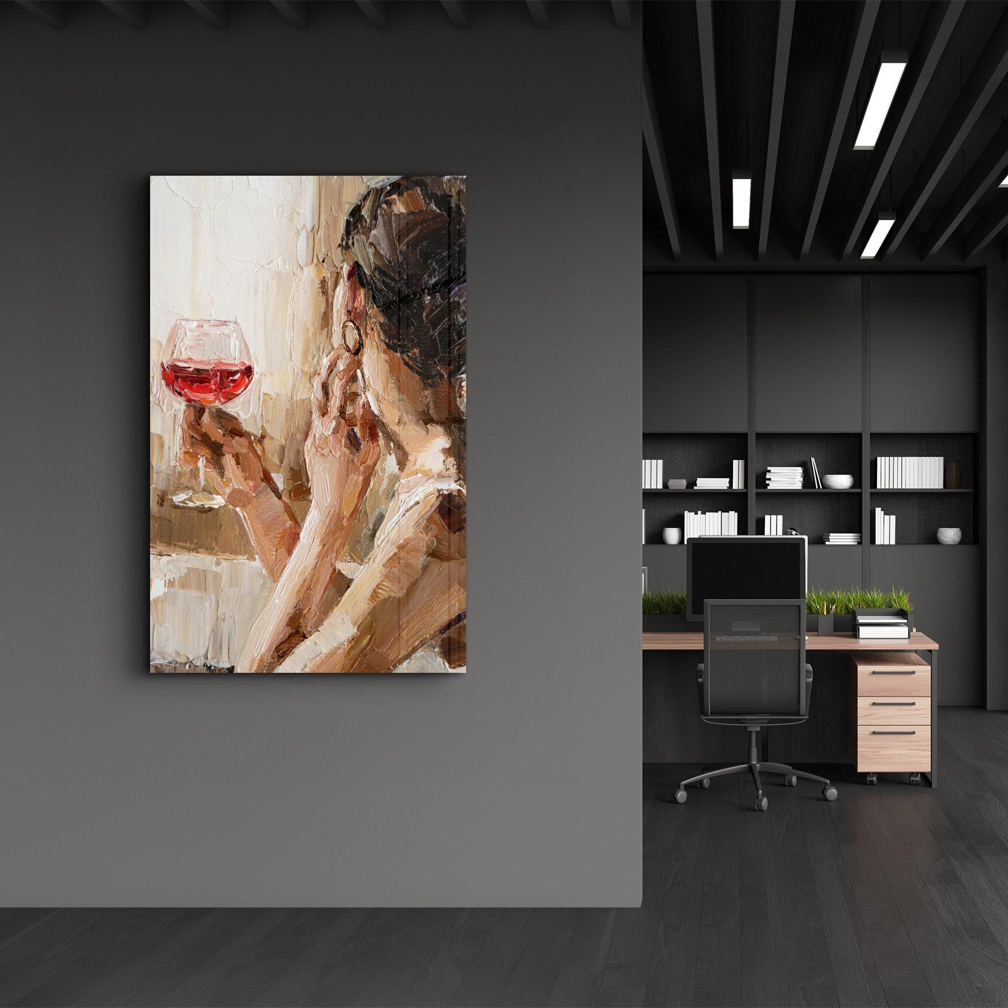 Abstract Woman Potrait With Wine | GLASS WALL ART - ArtDesigna Glass Printing Wall Art