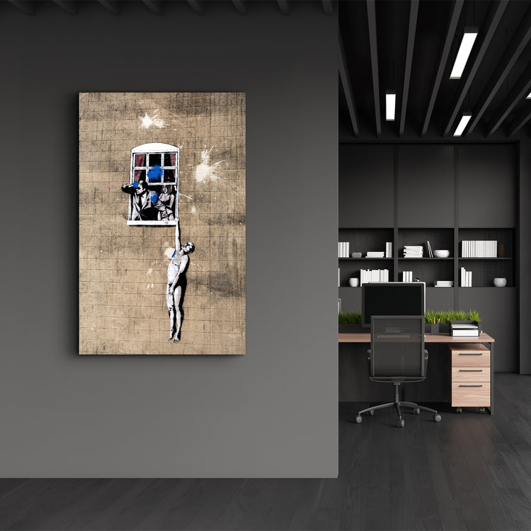 ・"Banksy - Man hanging from a window"・Glass Wall Art - ArtDesigna Glass Printing Wall Art