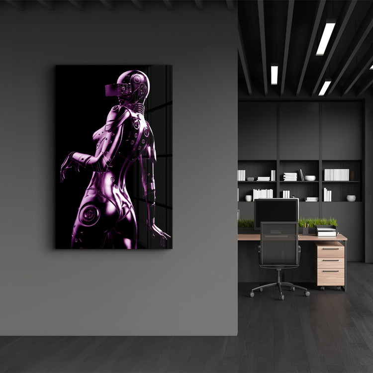 ・"Steel Robot Girl in Purple"・Designer's Collection Glass Wall Art - ArtDesigna Glass Printing Wall Art