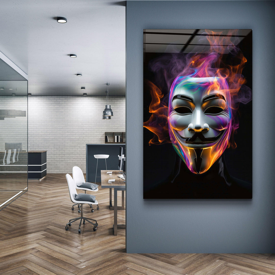 ."Salvador Mask with Neon Smokes". Designers Collection Glass Wall Art - ArtDesigna Glass Printing Wall Art