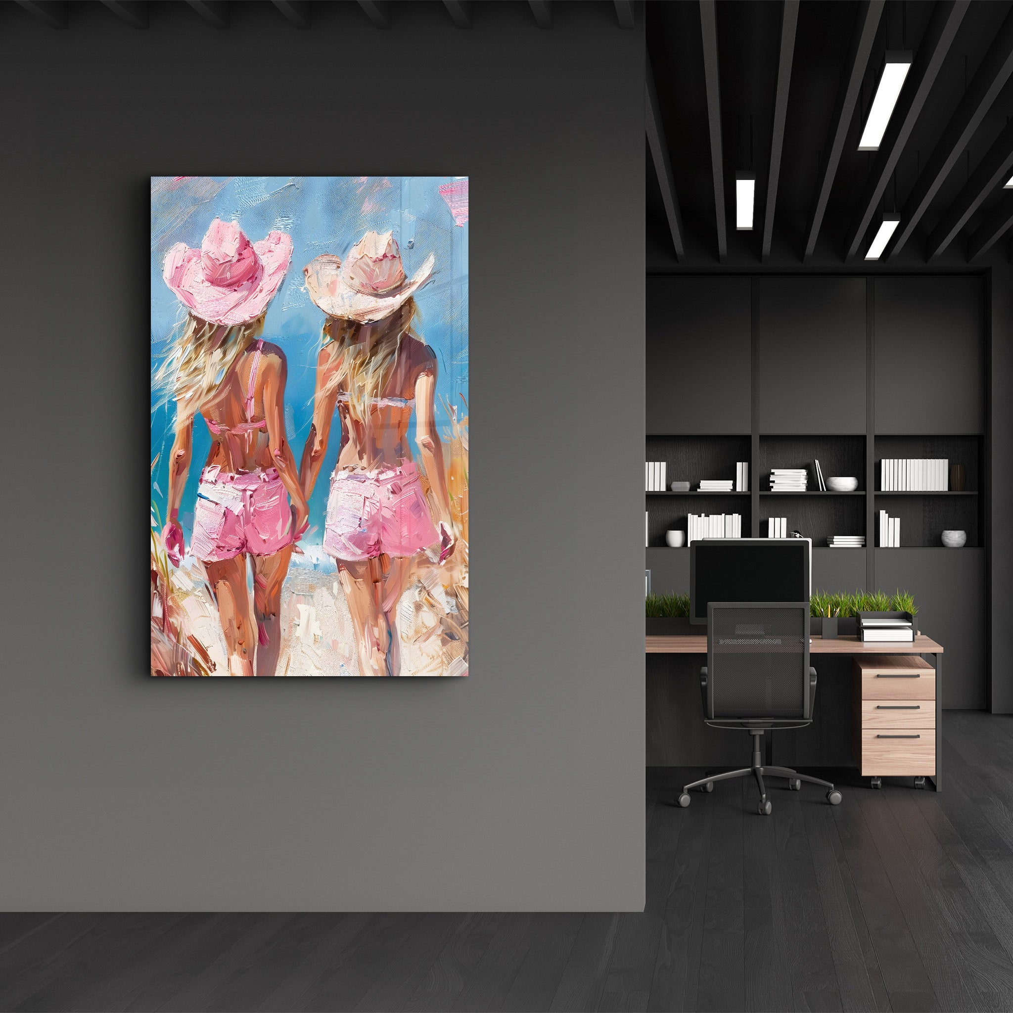 Pink CowGirls On the Beach - Glass Wall Art - Artdesigna