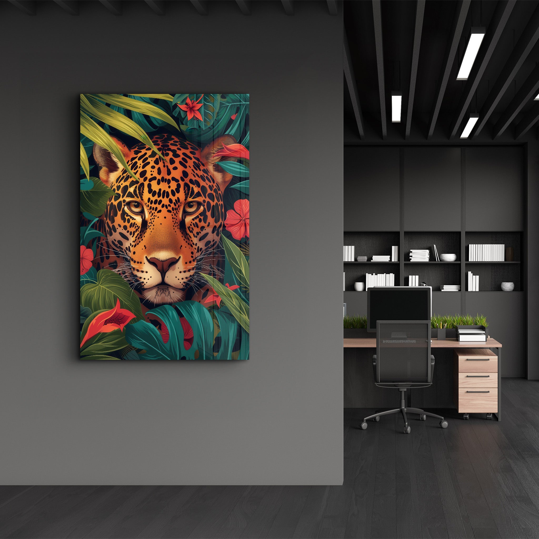 Leopard and Tropical Flowers - Glass Wall Art