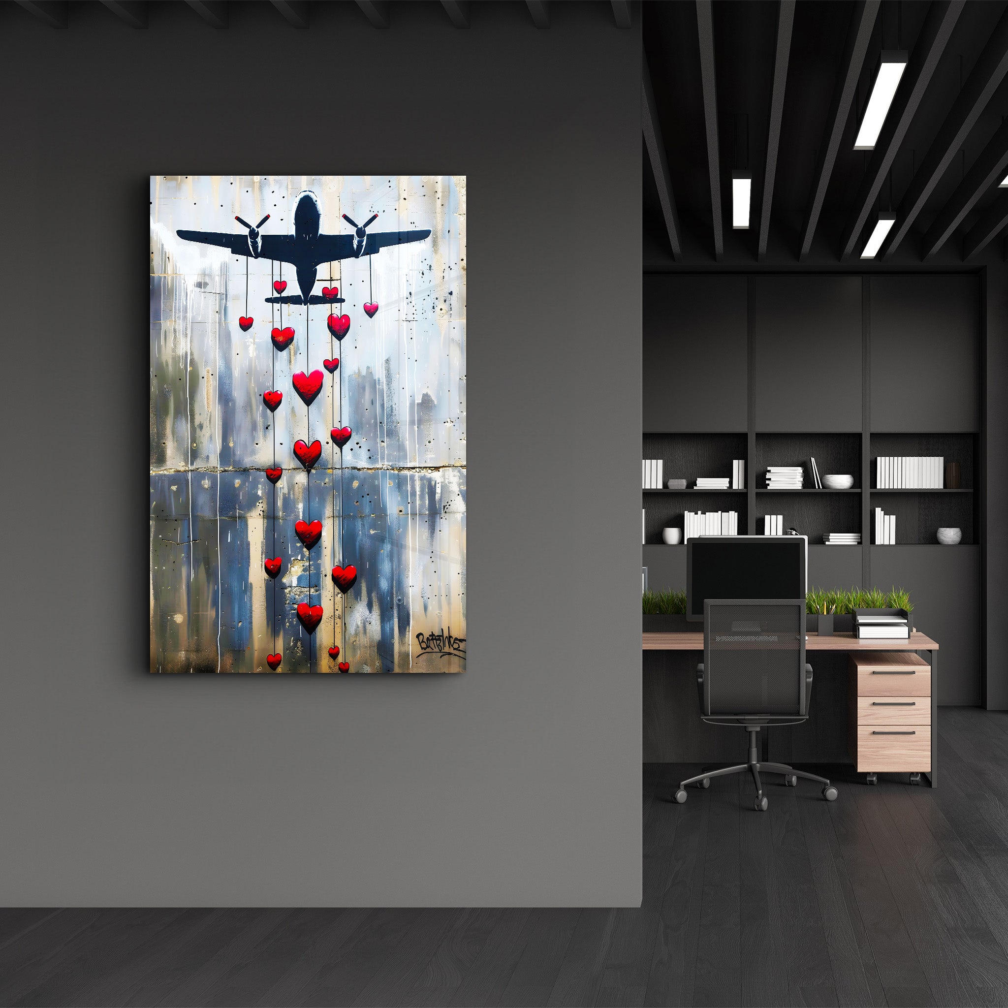 Love Bombing Banksy Style - Glass Wall Art - Artdesigna