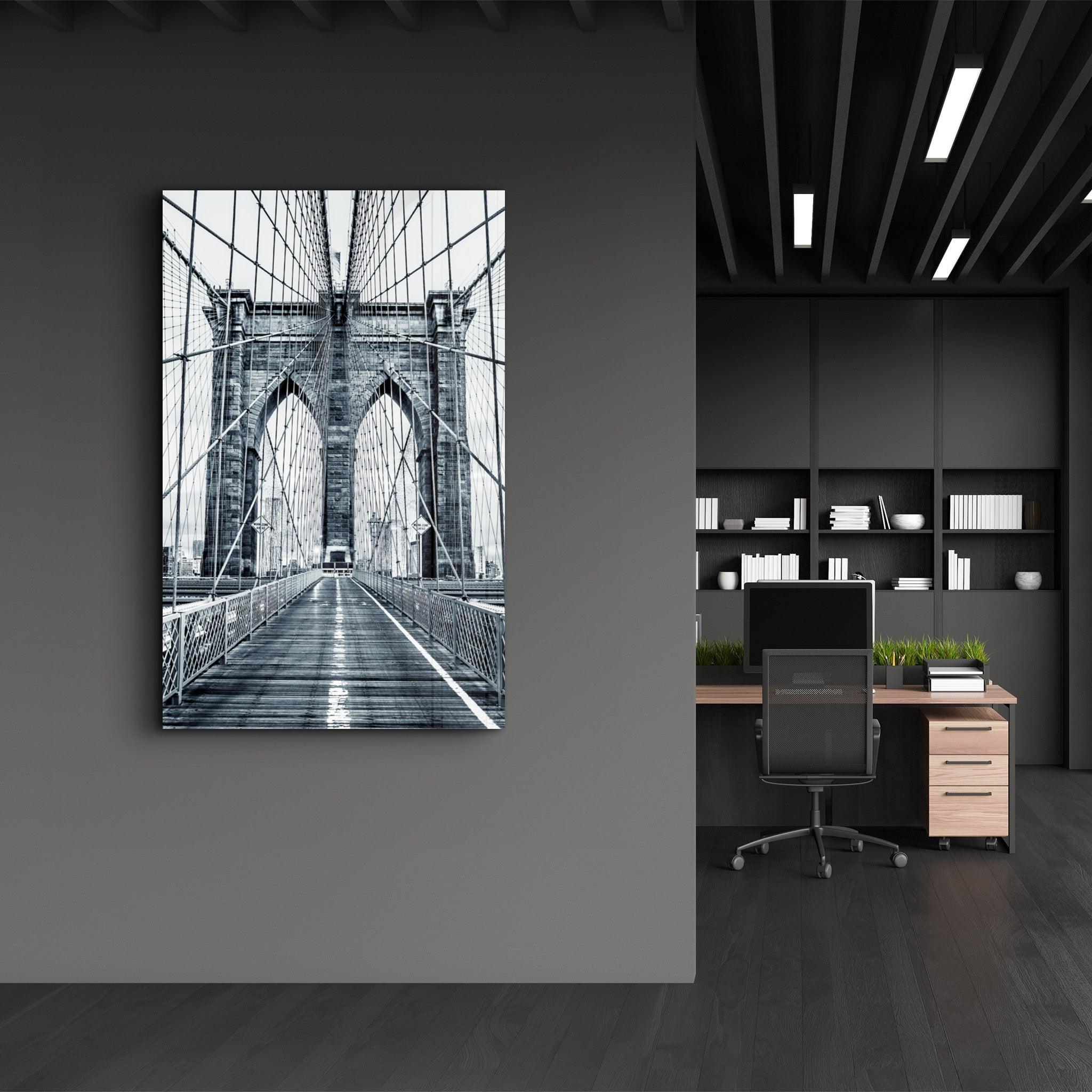 Brooklyn Bridge Retro Gray 2 | Glass Wall Art - Artdesigna