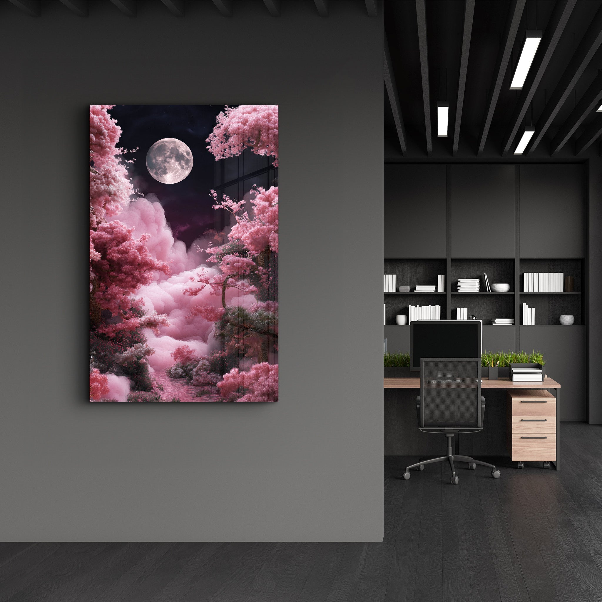 Moon is Rising over Pink Clouds | Glass Wall Art