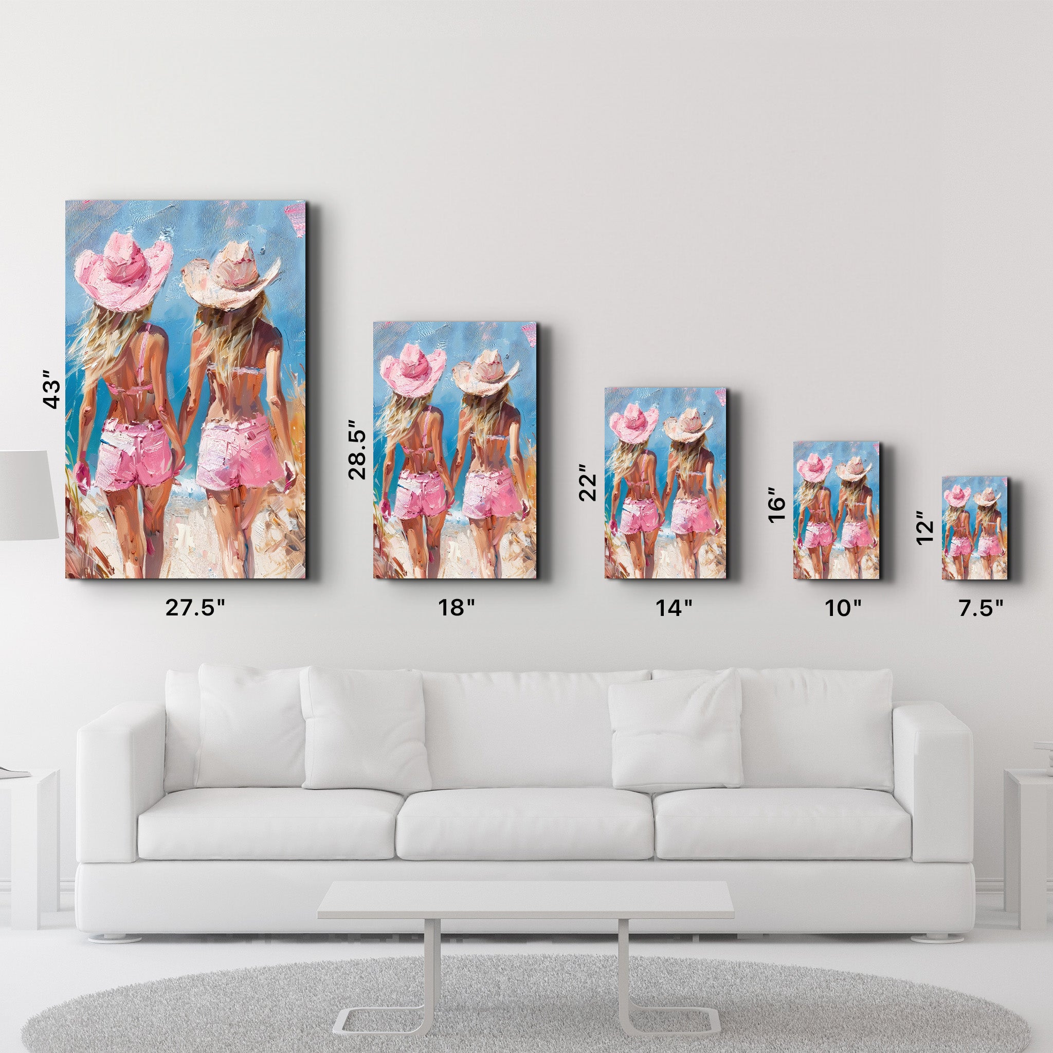 Pink CowGirls On the Beach - Glass Wall Art - Artdesigna