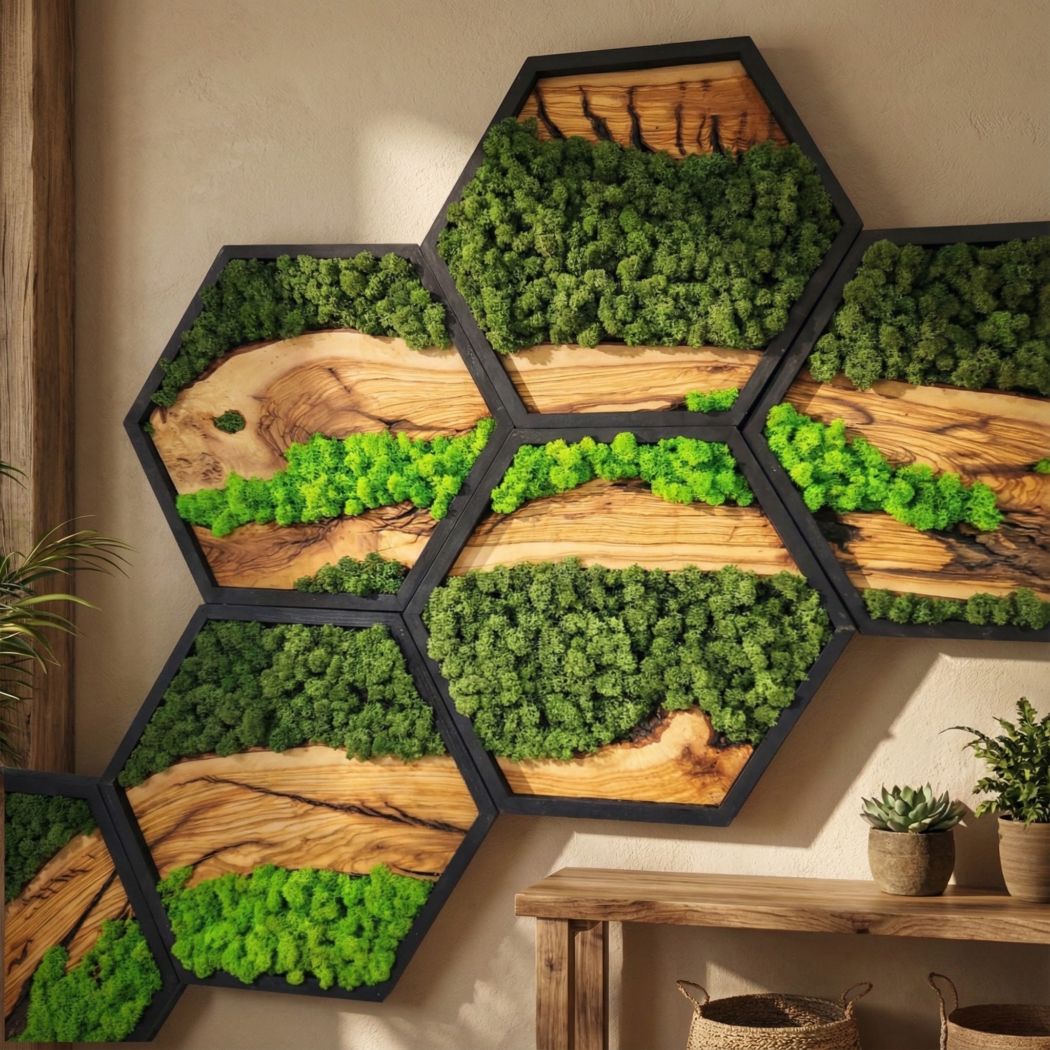 wall hanging green plants Honeycomb Moss & Olive Tree Wood Wall Art