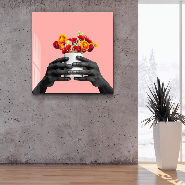 ."Holding the Flower - Pink". Contemporary Collection Glass Wall Art - ArtDesigna Glass Printing Wall Art