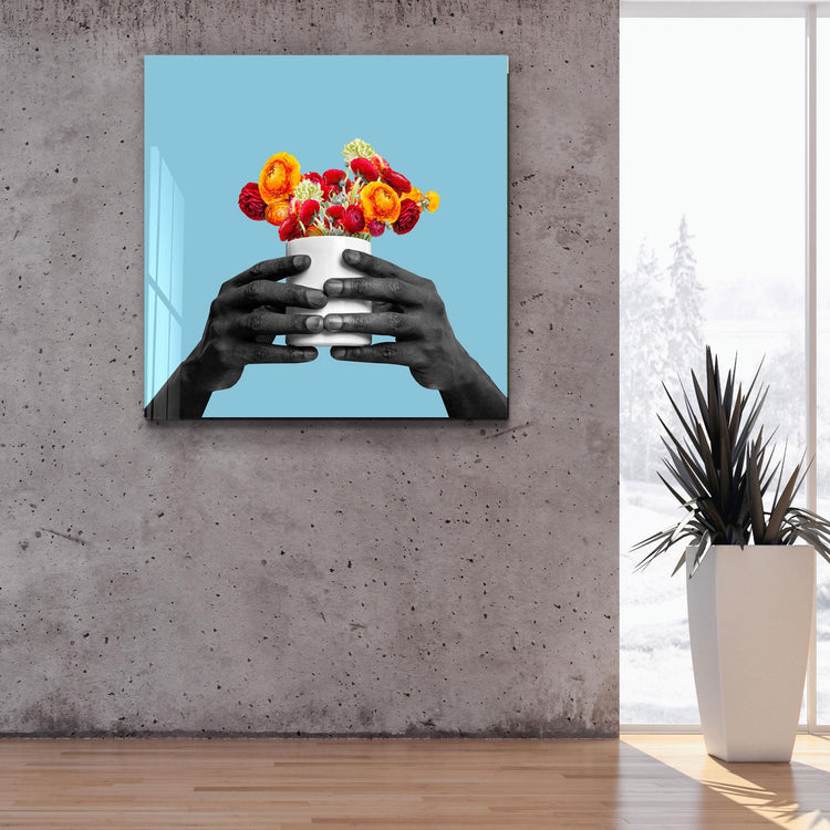 ."Holding the Flower - Blue". Contemporary Collection Glass Wall Art - ArtDesigna Glass Printing Wall Art