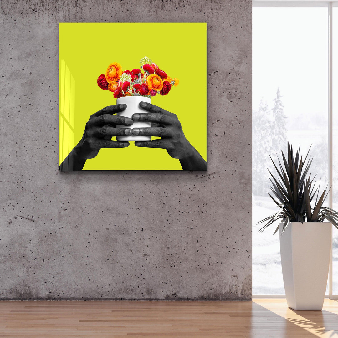 ."Holding the Flower - Lime". Contemporary Collection Glass Wall Art - ArtDesigna Glass Printing Wall Art
