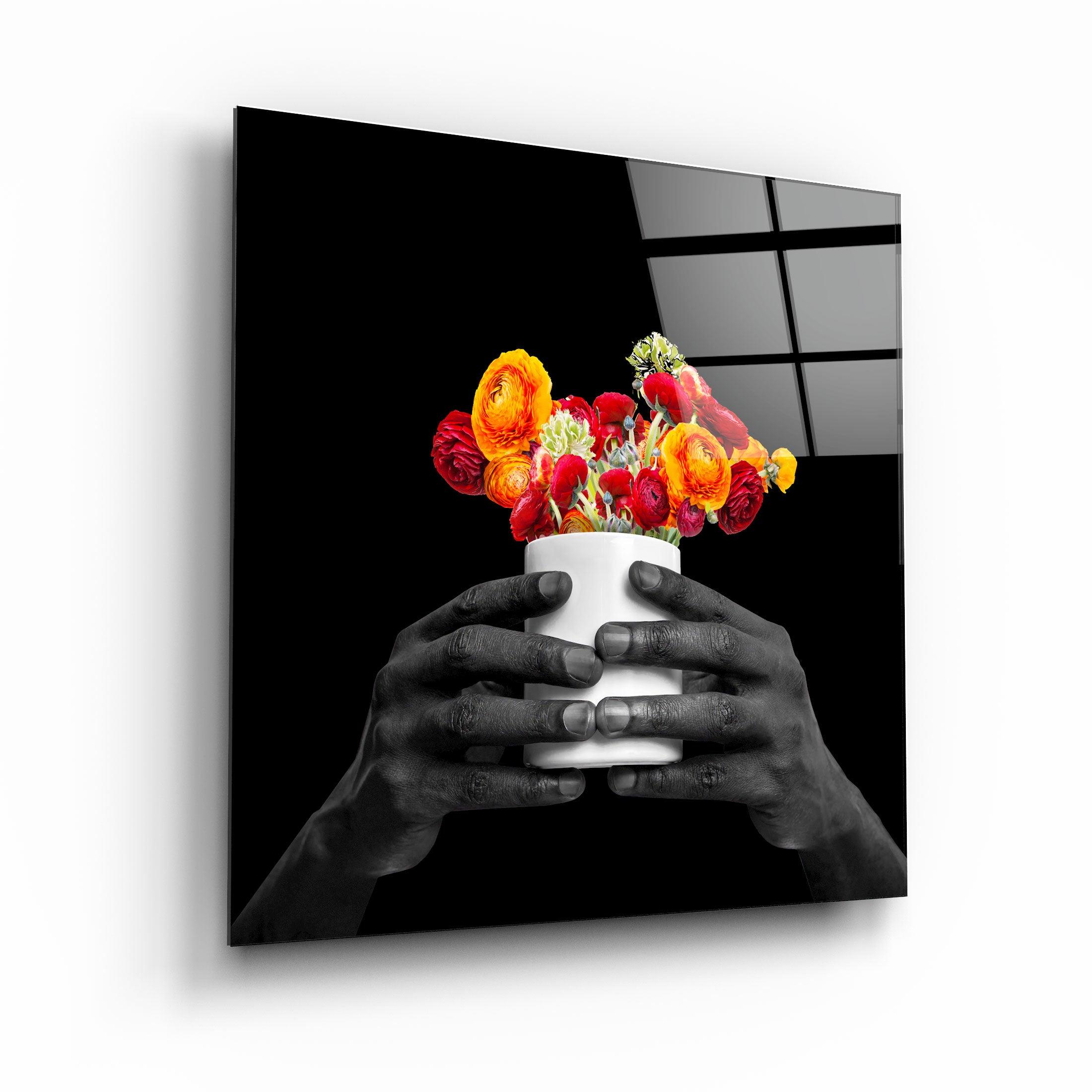 ."Holding the Flower - Black". Contemporary Collection Glass Wall Art - ArtDesigna Glass Printing Wall Art