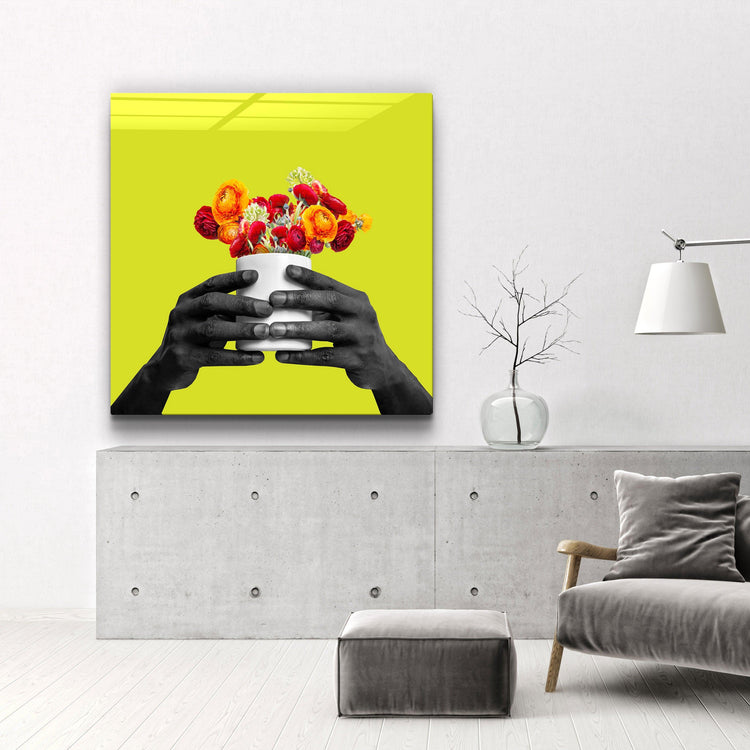 ."Holding the Flower - Lime". Contemporary Collection Glass Wall Art - ArtDesigna Glass Printing Wall Art
