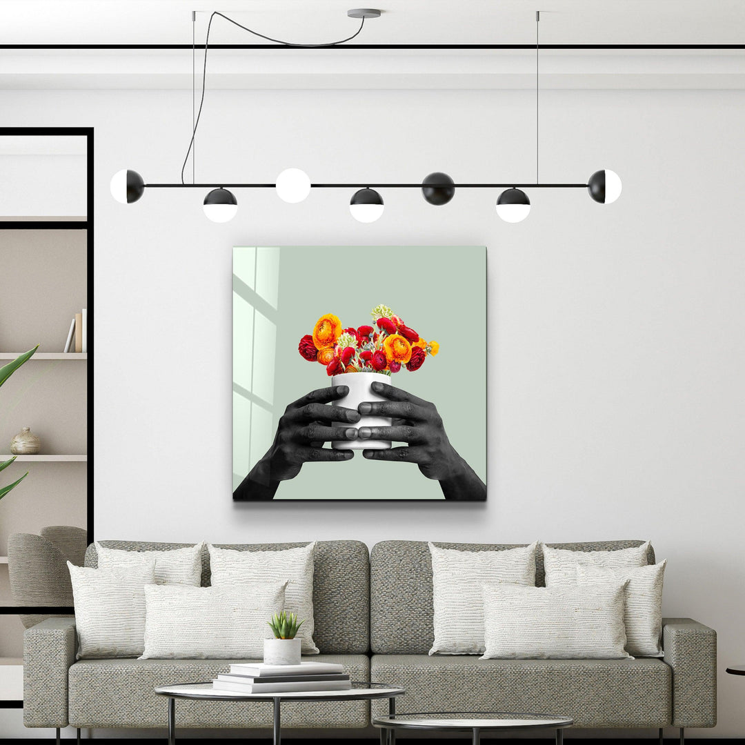 ."Holding the Flower - Gray". Contemporary Collection Glass Wall Art - ArtDesigna Glass Printing Wall Art