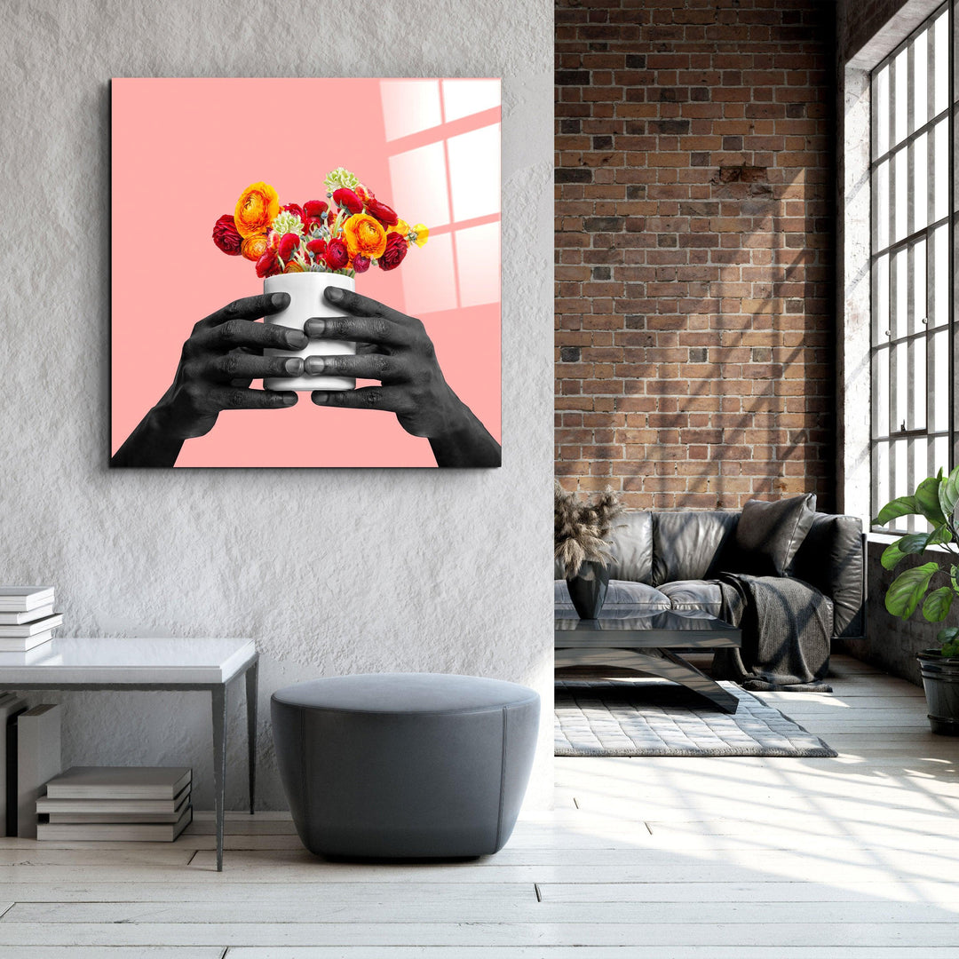 ."Holding the Flower - Pink". Contemporary Collection Glass Wall Art - ArtDesigna Glass Printing Wall Art