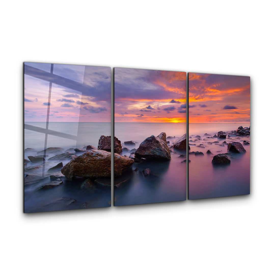 ・"Stones and Sunset - Trio"・Glass Wall Art