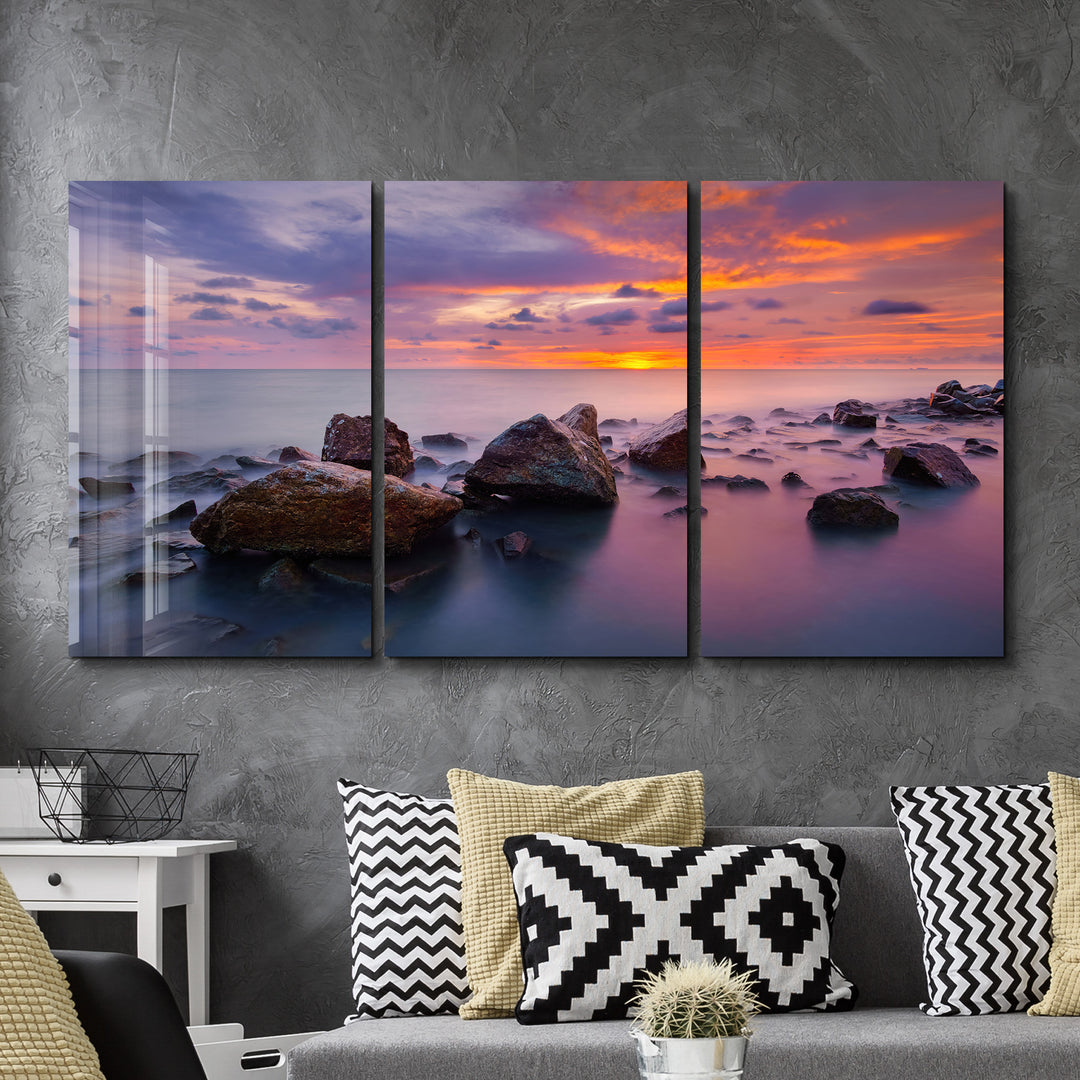 ・"Stones and Sunset - Trio"・Glass Wall Art