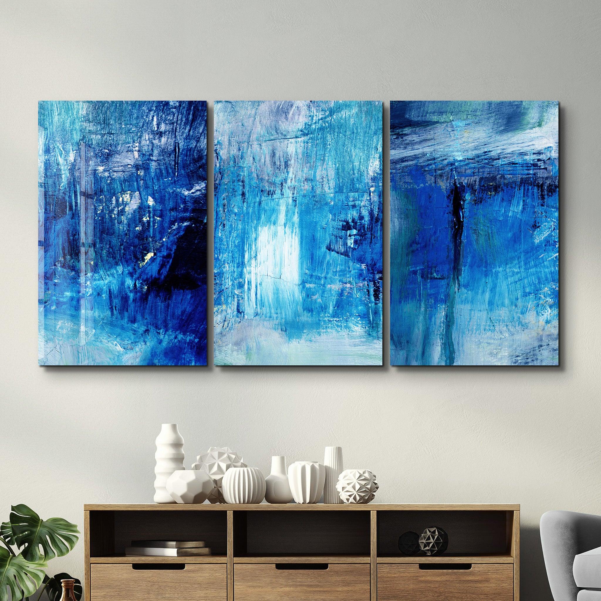 ・"Blue Fall- Trio"・Glass Wall Art - ArtDesigna Glass Printing Wall Art