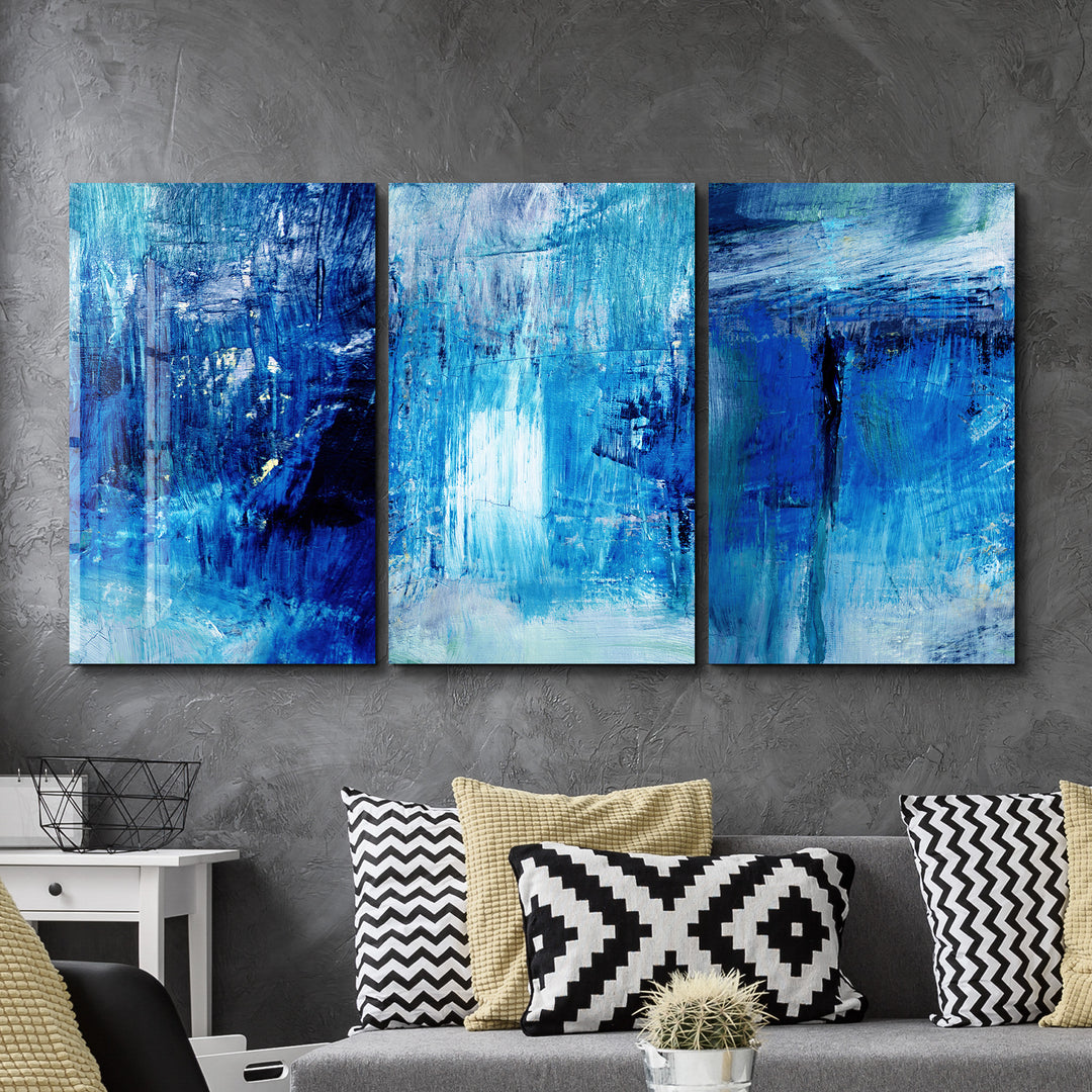 ・"Blue Fall- Trio"・Glass Wall Art