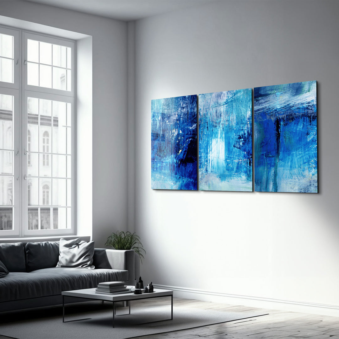 ・"Blue Fall- Trio"・Glass Wall Art