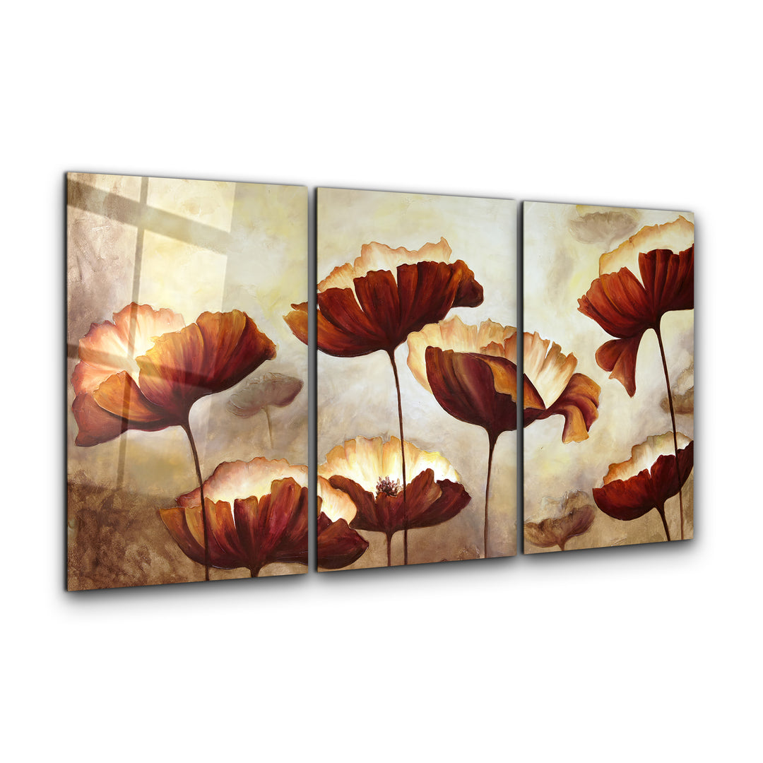 ・"Brown Flowers - Trio"・Glass Wall Art