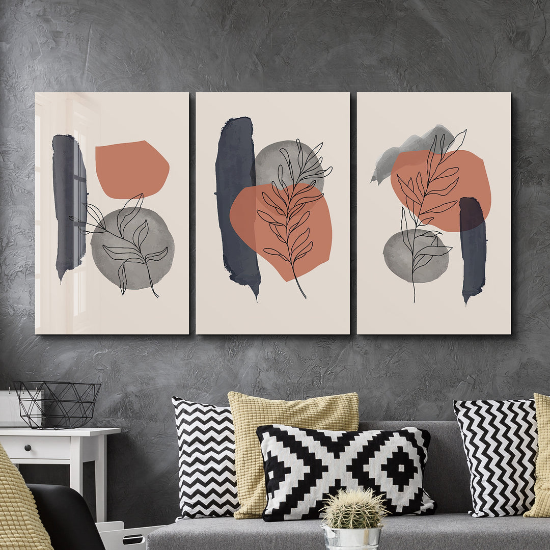 ・"Abstract Lines Terracota - Trio"・Glass Wall Art