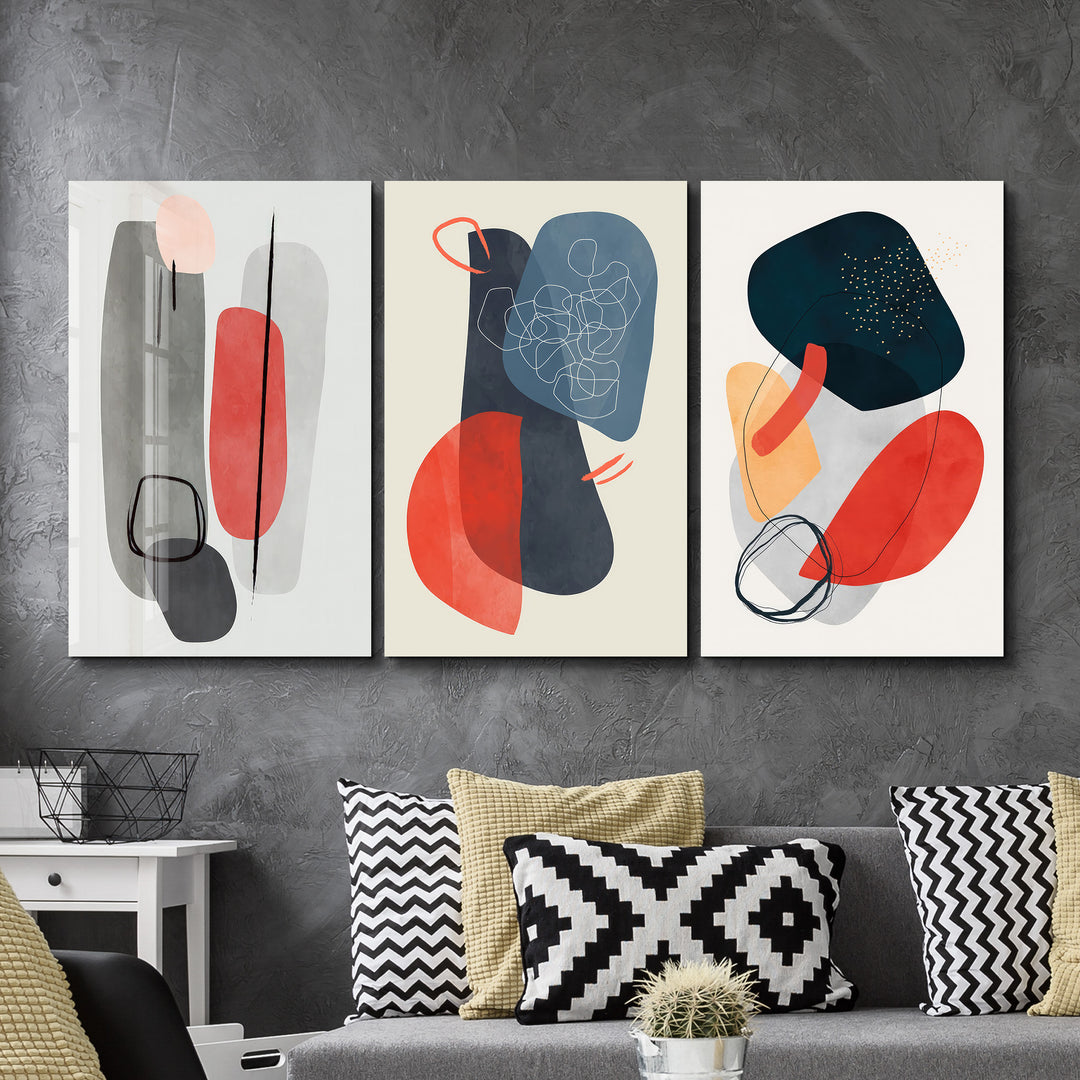 ・"Abstract Shapes and Lines V2 - Trio"・Glass Wall Art