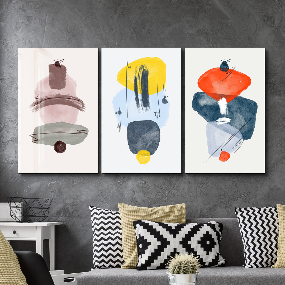 ・"Abstract Shapes and Lines - Trio"・Glass Wall Art