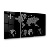 ・"World Map Black - Trio"・Glass Wall Art