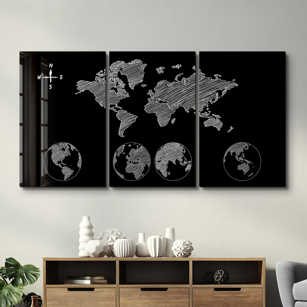 ・"World Map Black - Trio"・Glass Wall Art