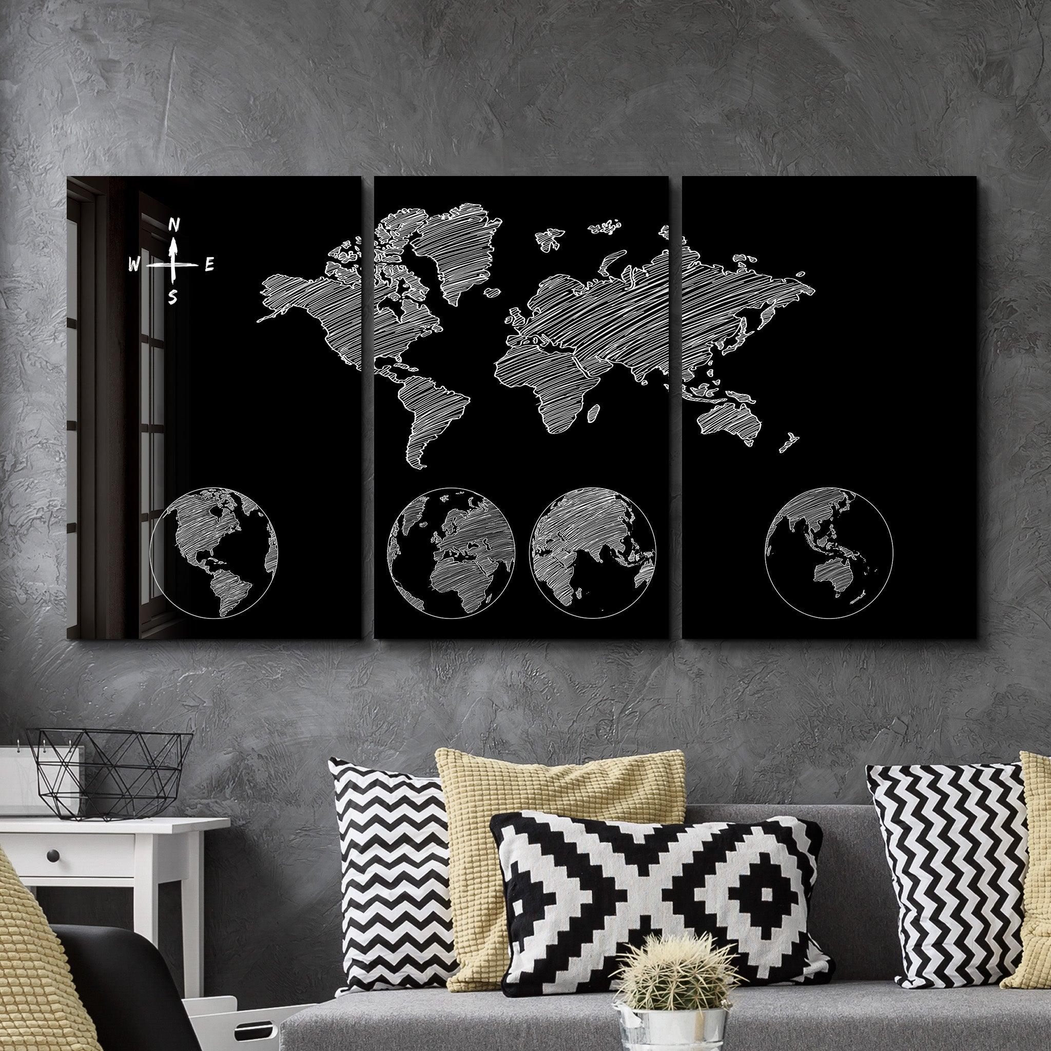 ・"World Map Black - Trio"・Glass Wall Art - ArtDesigna Glass Printing Wall Art
