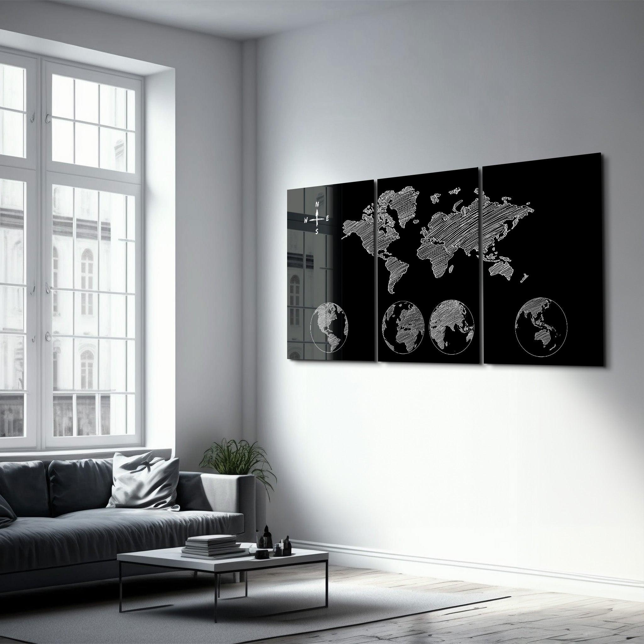 ・"World Map Black - Trio"・Glass Wall Art - ArtDesigna Glass Printing Wall Art