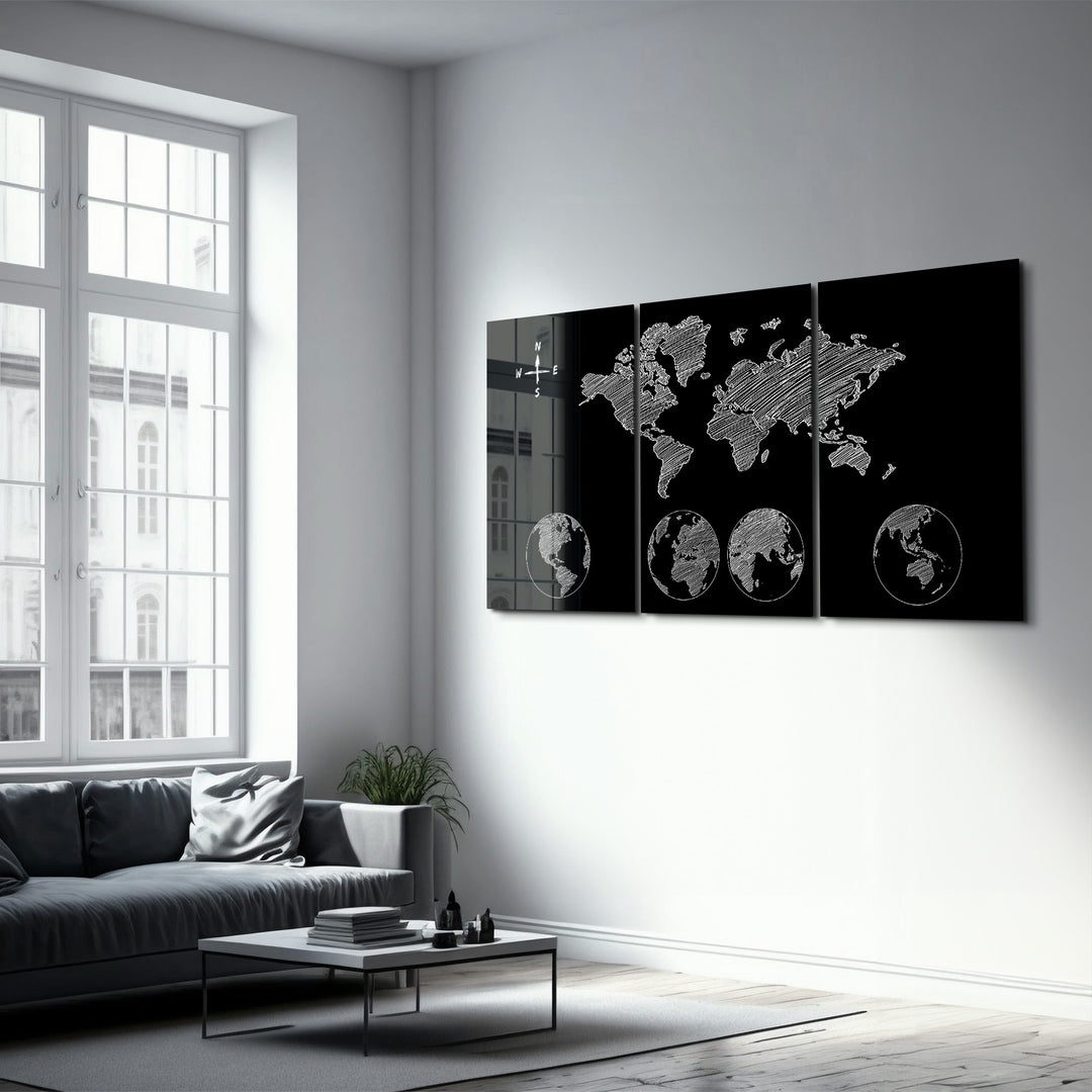 ・"World Map Black - Trio"・Glass Wall Art