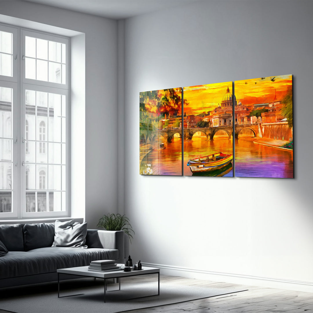 ・"Oil Painting Old River - Trio"・Glass Wall Art